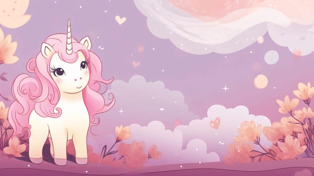 Banner: Cute cartoon unicorn in the forest. Colorful vector illustration.
