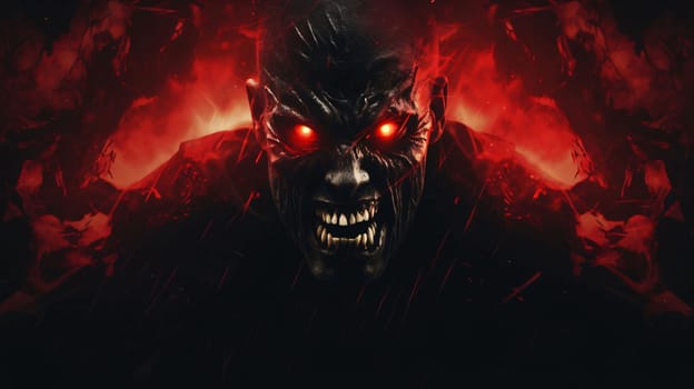 Banner: Scary monster with blood and eyes on a dark background. Halloween.