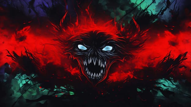 Banner: Zombie head with blood splashes on the background of the forest