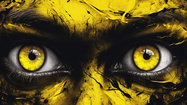 Banner: Close up of woman's eyes with yellow paint. Halloween concept.