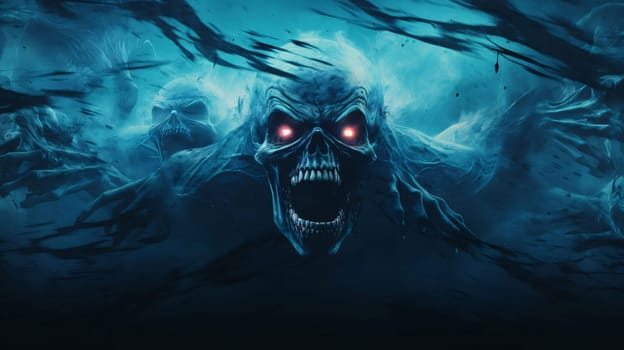 Banner: Scary monster in dark water. Halloween concept. 3D rendering