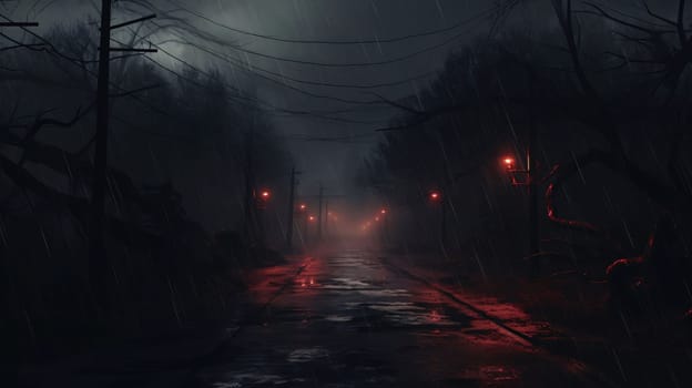 Banner: Dangerous path through the forest at night. 3D rendering