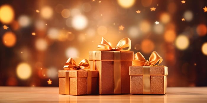 Banner: Gift boxes with golden bows on bokeh background. 3D rendering