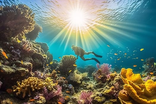 Banner: Underwater view of a beautiful coral reef with a man swimming underwater