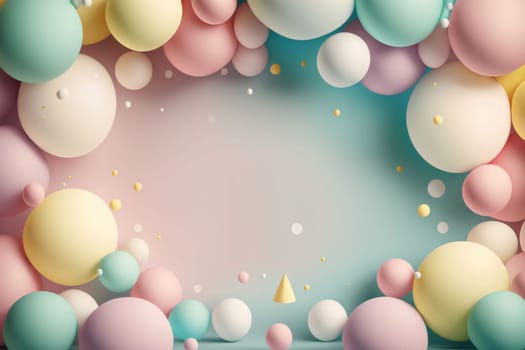 Banner: 3d render, abstract background with multicolored balloons and confetti