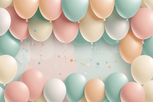 Banner: Colorful balloons with confetti on pastel background. Vector illustration.