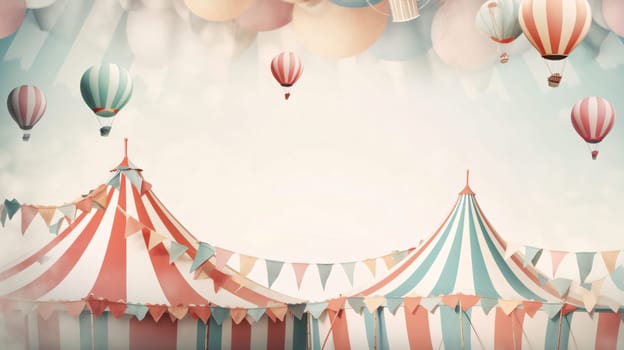 Banner: Circus tent with balloons and blue sky background. 3d rendering