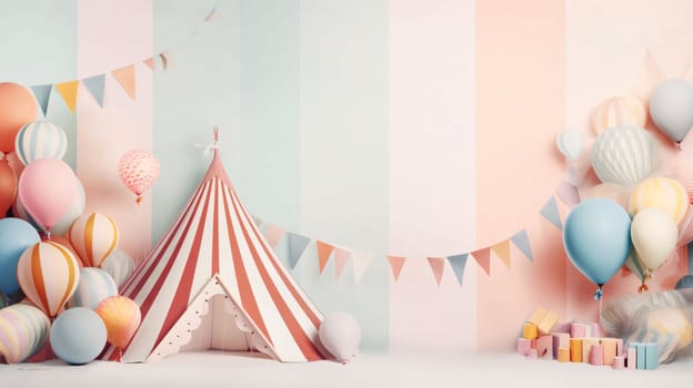 Banner: Cute kids birthday party with tent, balloons and gift boxes.