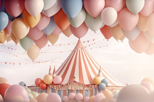 Banner: Circus tent with colorful balloons and garlands. 3d rendering