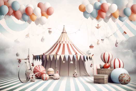 Banner: Circus tent with balloons and decorations. 3D rendering. Vintage toned image