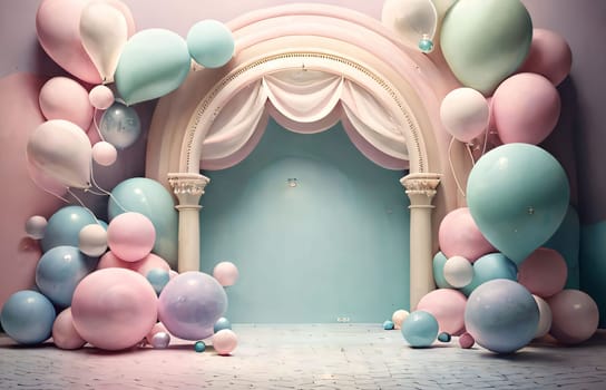 Banner: Pink and blue balloons on the background of a turquoise wall