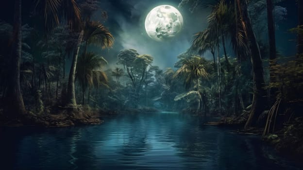 Banner: Fantasy landscape with a full moon in the jungle. 3d rendering