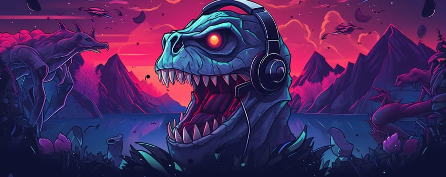 Banner: Dinosaur head in headphones. Vector cartoon illustration of a monster in the dark forest at sunset.