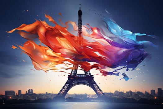 Banner: Flaming Eiffel tower with colorful splashes of water