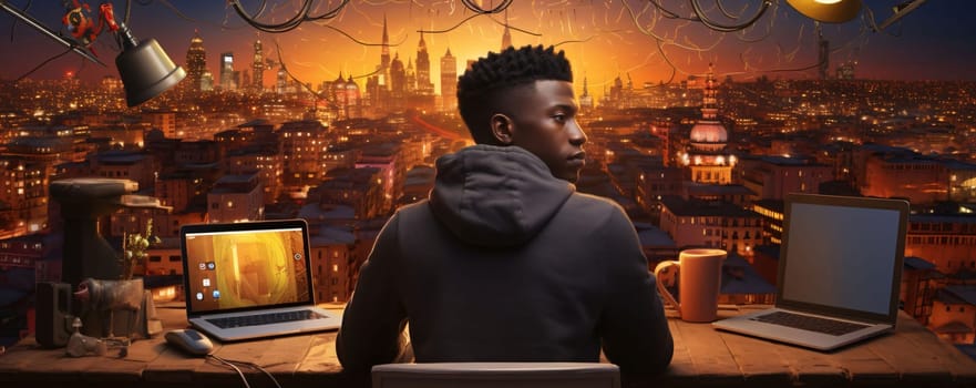 Banner: Black man sitting at his desk and looking at the city. Mixed media