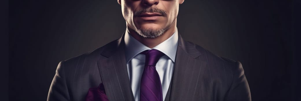 Banner: Businessman in suit and tie on dark background, panoramic shot