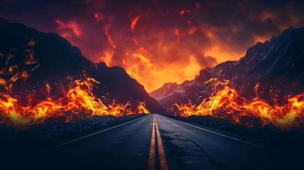 Banner: Road to Hell. 3D render of a road leading to hell.