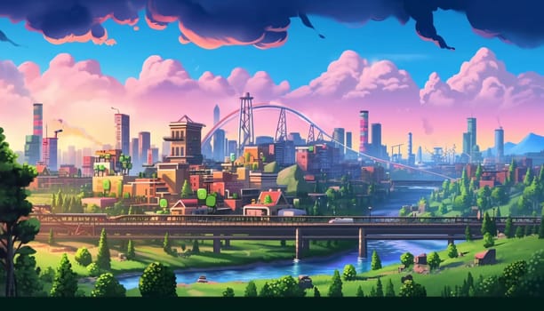 Banner: Cityscape with a bridge over the river at sunset. Vector illustration