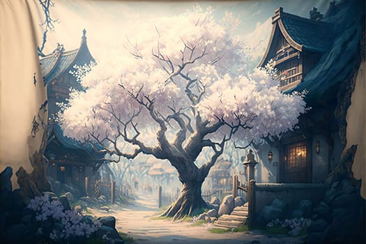 Banner: Fantasy landscape with japanese temple and blooming cherry tree