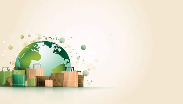 Banner: Eco shopping background with paper bags and globe. Vector illustration.