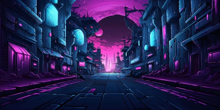 Banner: Futuristic city at night with neon lights. 3d rendering
