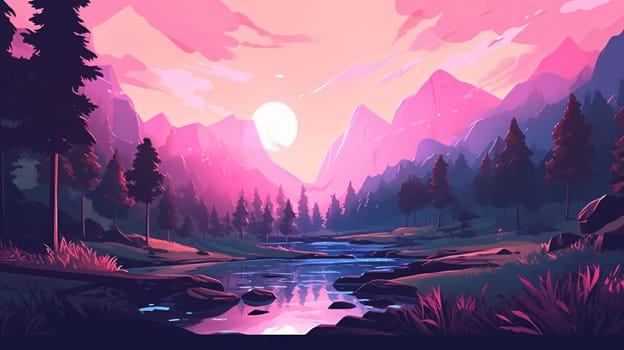 Banner: Fantasy landscape with river and mountains at sunset. Vector illustration.