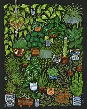Patterns and banners backgrounds: Hand drawn vector illustration of houseplants in pots on blackboard.