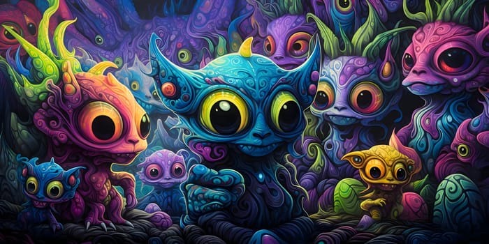 Patterns and banners backgrounds: Colorful monsters background. Fantasy fantastic creatures with eyes and mouths.