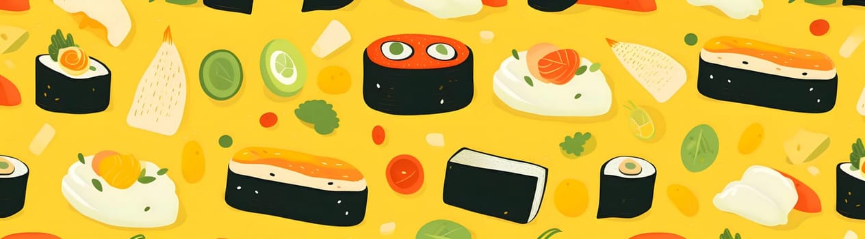 Patterns and banners backgrounds: Seamless pattern with sushi and rolls on a yellow background.