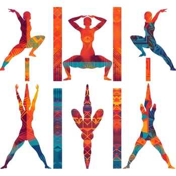 Patterns and banners backgrounds: Vector set of yoga poses. Female silhouette. Colorful vector illustration.