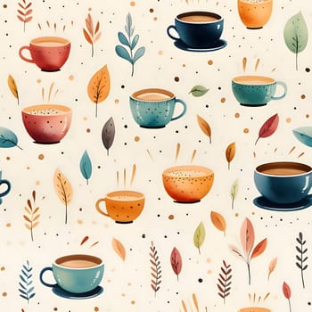 Patterns and banners backgrounds: Seamless pattern with coffee cups and leaves. Vector illustration.