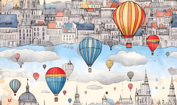 Patterns and banners backgrounds: Seamless pattern with colorful hot air balloons on the background of the city. Hand-drawn illustration.