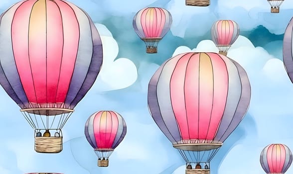 Patterns and banners backgrounds: Watercolor seamless pattern with hot air balloons in the sky. Hand drawn illustration