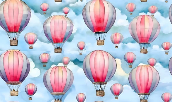 Patterns and banners backgrounds: Seamless pattern with hot air balloons in the sky. Watercolor illustration.