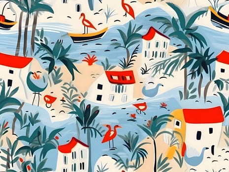 Patterns and banners backgrounds: Seamless pattern with hand drawn houses and palm trees. Vector illustration.