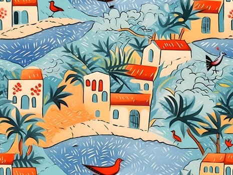 Patterns and banners backgrounds: Seamless pattern with houses and birds on the beach. Vector illustration.