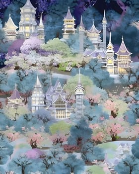 Patterns and banners backgrounds: Seamless pattern with famous castles and cherry blossom trees.