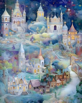 Patterns and banners backgrounds: Watercolor illustration of a fairy-tale village on a blue background