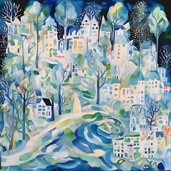 Patterns and banners backgrounds: Watercolor cityscape with trees, houses and river. Hand drawn illustration