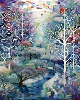 Patterns and banners backgrounds: Winter landscape with trees, river and snowflakes. Watercolor illustration.