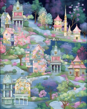 Patterns and banners backgrounds: Watercolor style illustration of a fairy tale castle on a hillside