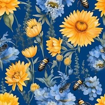 Patterns and banners backgrounds: Watercolor seamless pattern with flowers and bees. Hand painted floral background.