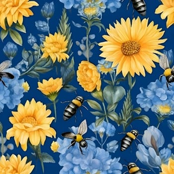Patterns and banners backgrounds: Seamless pattern with yellow flowers and bees. Watercolor.