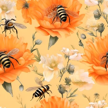 Patterns and banners backgrounds: Seamless pattern with bees and flowers. Watercolor illustration.