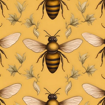 Patterns and banners backgrounds: Seamless pattern with bees and leaves on a yellow background.