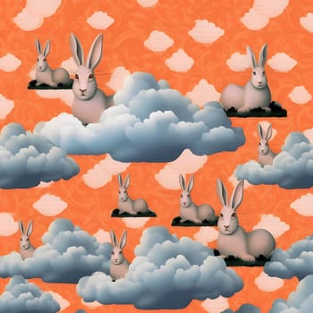 Patterns and banners backgrounds: Seamless pattern with bunnies and clouds on orange background