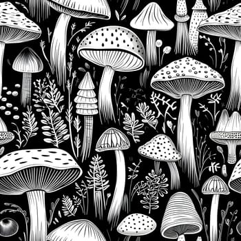 Patterns and banners backgrounds: Seamless pattern with mushrooms. Black and white background. Vector illustration.