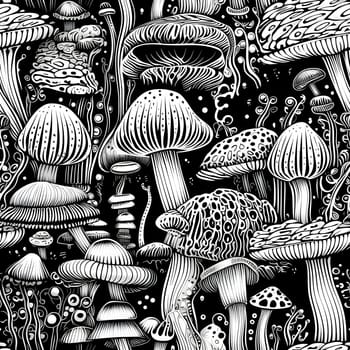 Patterns and banners backgrounds: Seamless pattern with mushrooms. Black and white vector illustration.