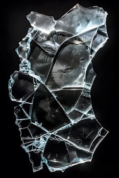 A fragment of shattered glass lies on a dark surface. The broken piece creates a unique pattern against the black backdrop, resembling a medical imaging of a head, jaw, or neck