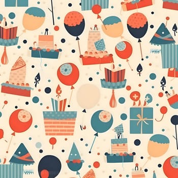 Patterns and banners backgrounds: Seamless birthday pattern with balloons, gift boxes and cakes. Vector illustration.